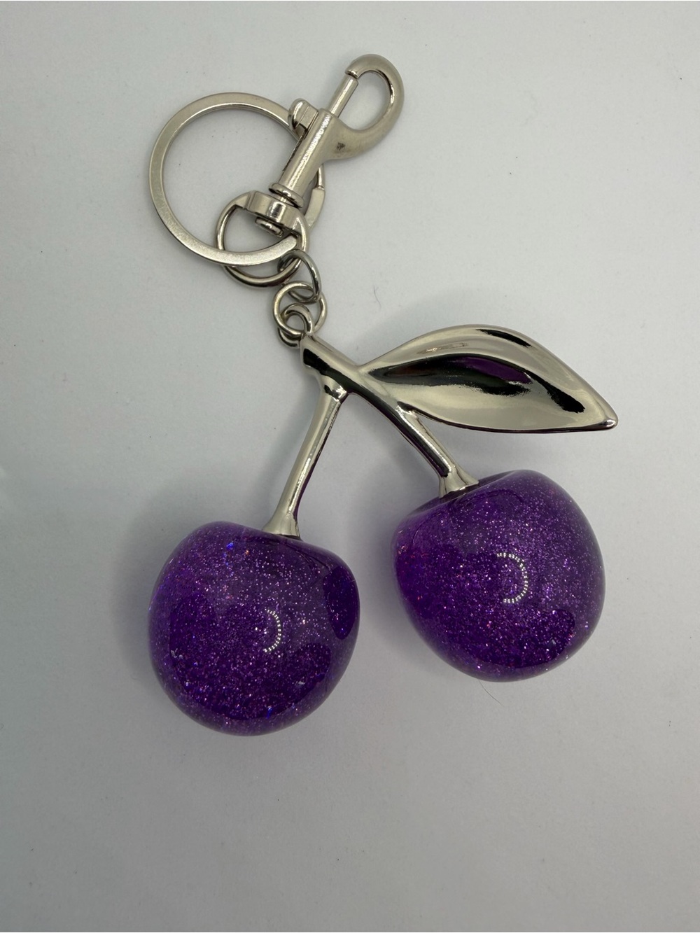 Glitter Purple Cherry Keychain with Silver Stem - Picture 4 of 4